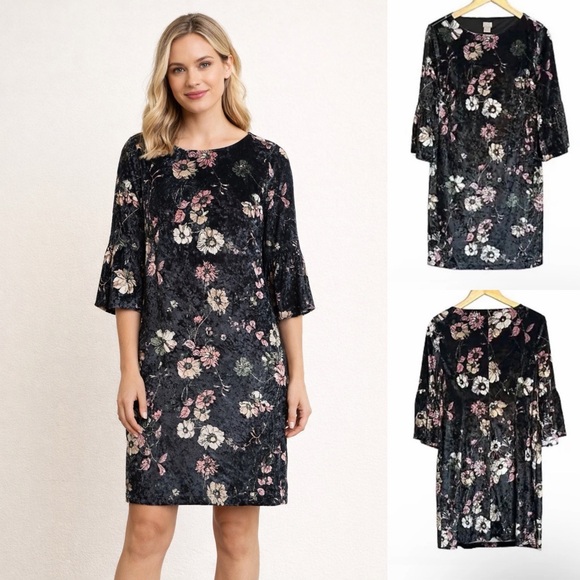 Chico's Dresses & Skirts - Chico's Velvet Floral Dress Size Medium 3/4 Bell Sleeve Pullover Stretch EUC